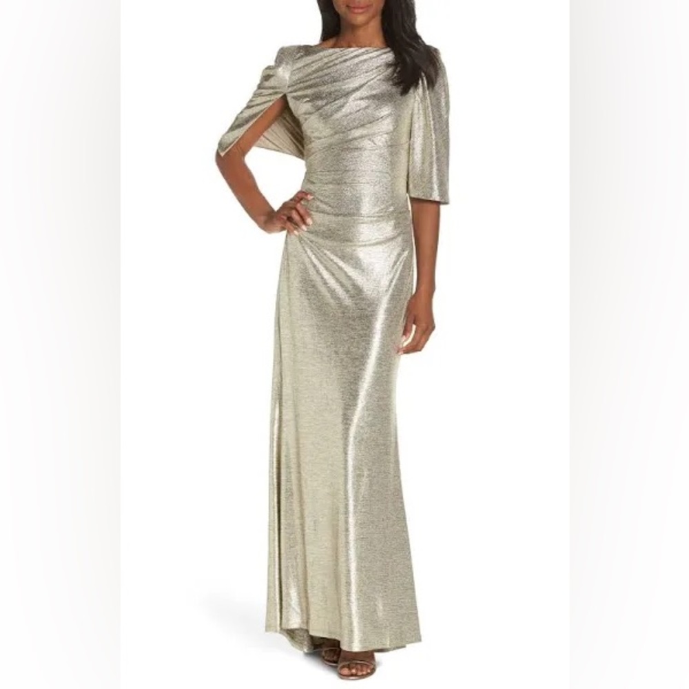 Eliza J Gold Asymmetrical Flutter Sleeve Gown